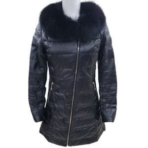 Lambskin down puffer coat fur collar women's size 6 black gold zippers